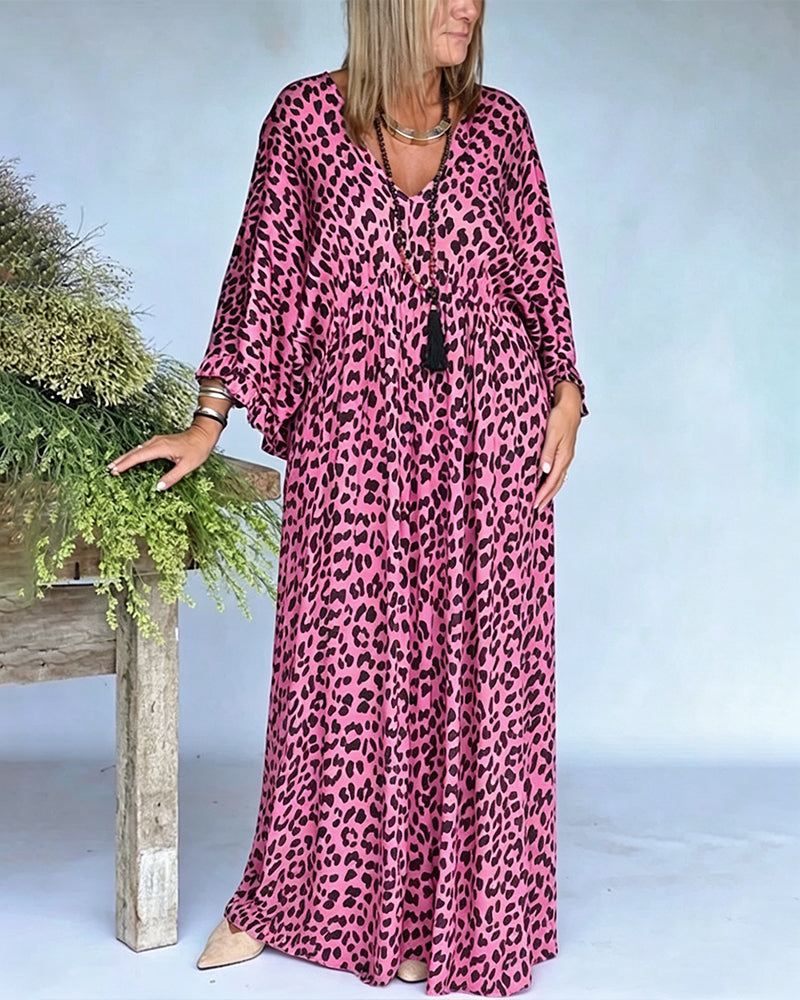 Robe Col En V Imprimé Léopard Coupe Loose Décontractée