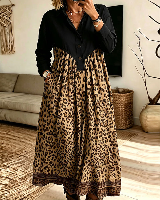 Robe Col Chemise Boutonnage Imprimé Léopard Poche