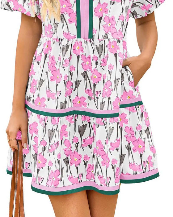 Robe Col V Floral Manche Ballon Patchwork