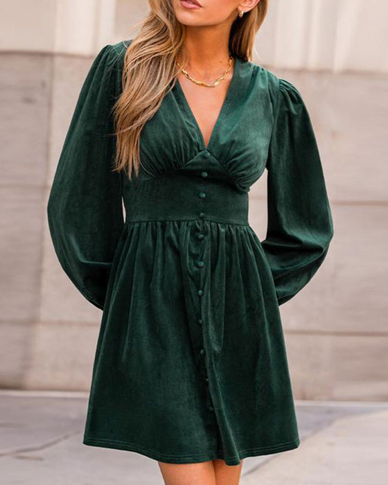 Robe Boutonné Col En V Manche Bouffante Courte