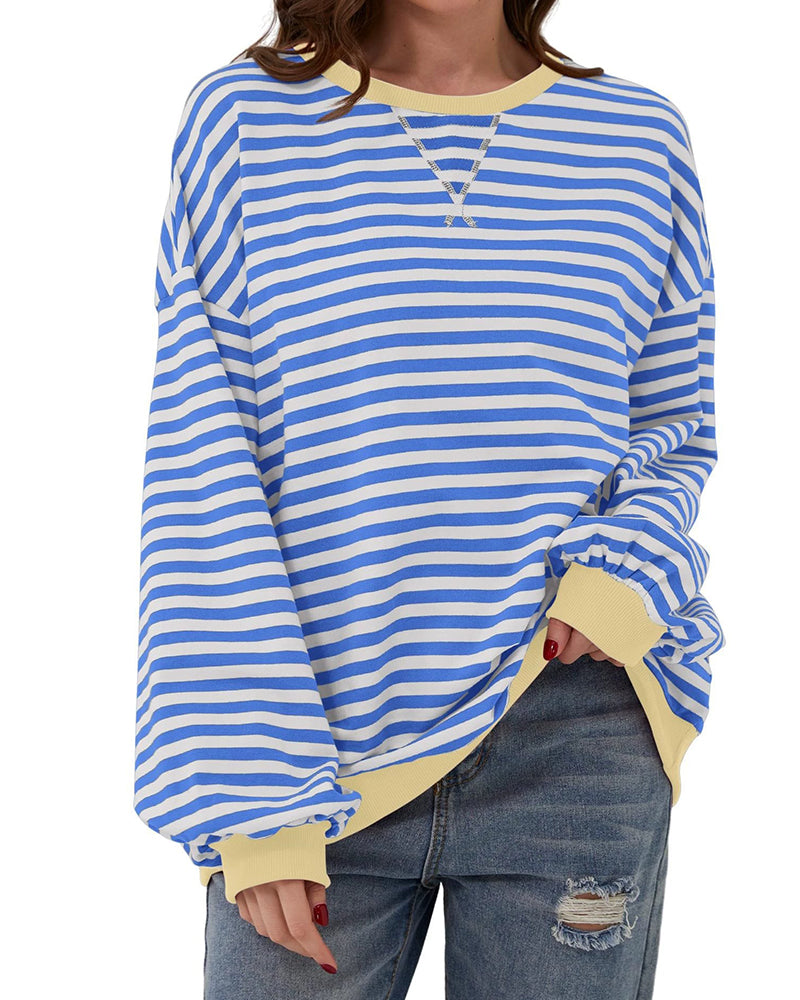 T-Shirt Rayé Col Rond Bloc De Couleur