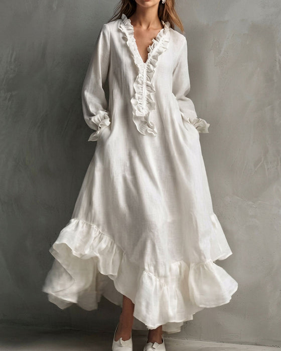 Robe Manches Longues Volant Encolure V Maxi