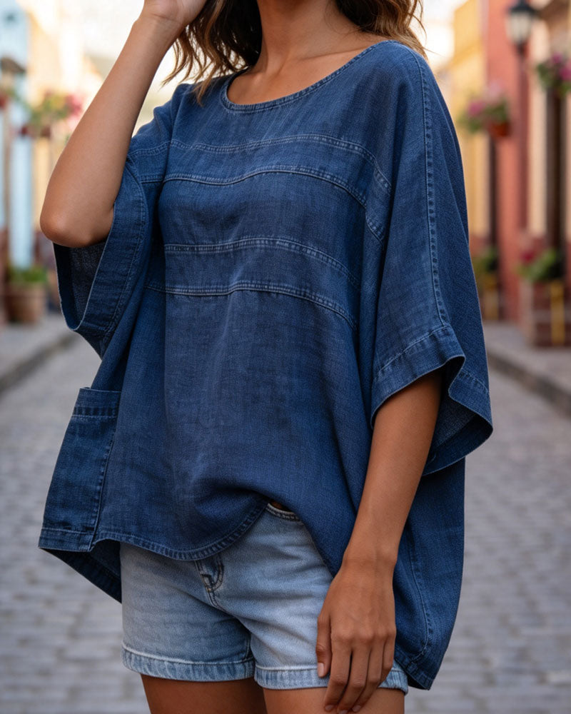 Haut Ample Manche Chauve-souris Denim