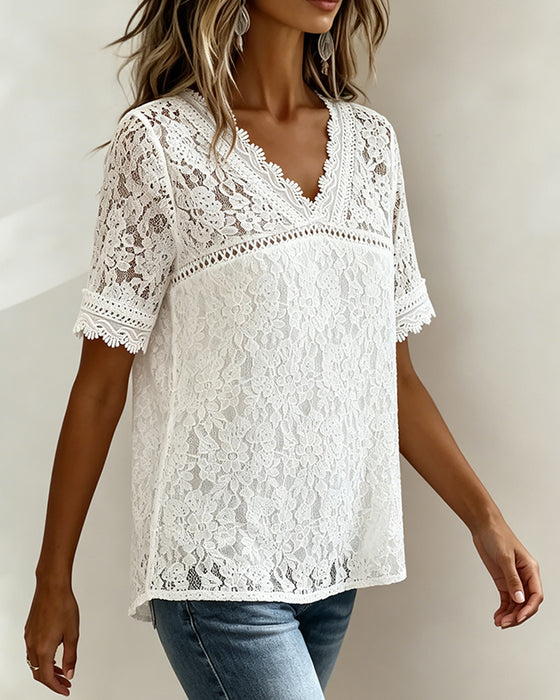Blouse Uni Manches Courtes En Dentelle