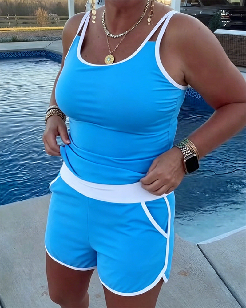 Tankini Avec Contraste De Couleur Passepoil Appliqué