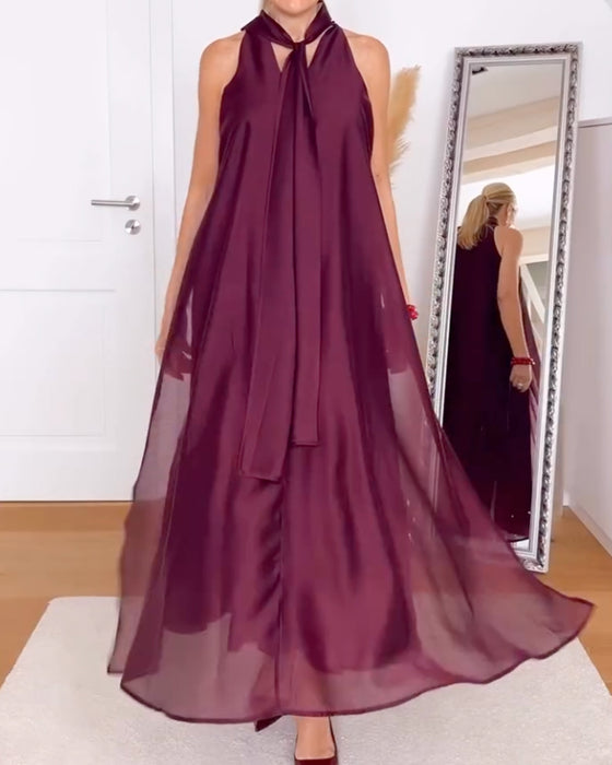 Robe Col Claudine Maxi Jupe Unie Léger Chiffon