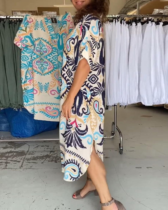 Robe ample bohème col V à manches mi-longues