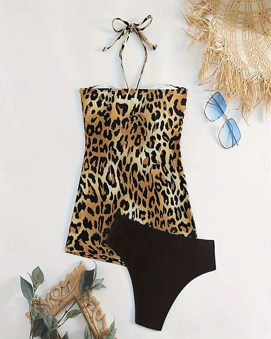 Tankini Dos Nu Encolure A-Ligne Imprimé Léopard Triangle