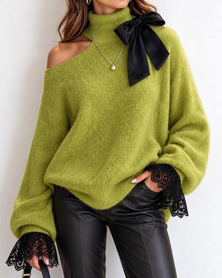 Pull Col Roulé Nœud Épaules Dénudées Dentelle Patchwork