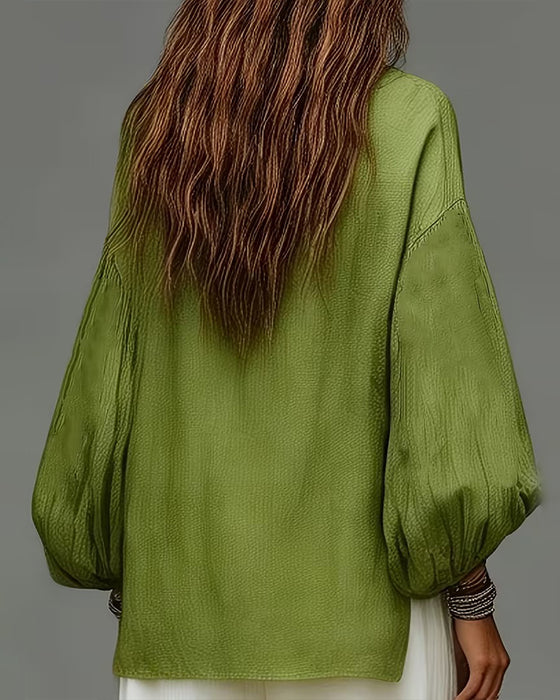Blouse Décontractée Manche Lanterne Unie Coupe Loose