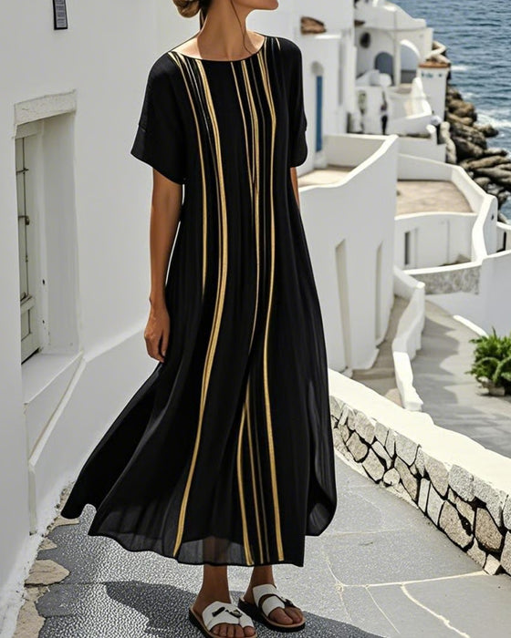 Robe Col Rond Rayure Sheer Jupe Ample