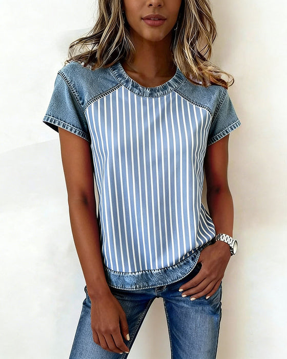 T-Shirt Denim Patchwork Rayé Manche Courte