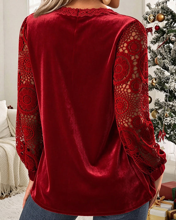 Blouse Col En V Découpe Dentelle Panneau Manches Longues