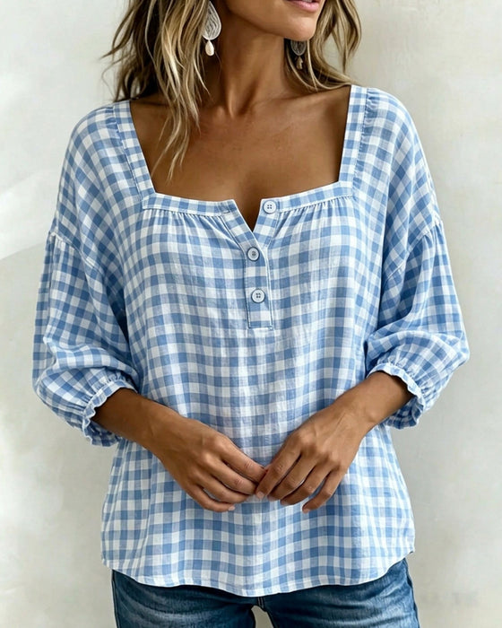 Blouse Col Carré Boutonnage Ecossais