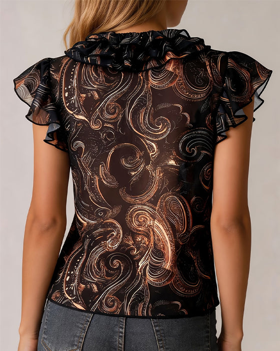 Blouse Col V Volant Manche Volantée Imprimé