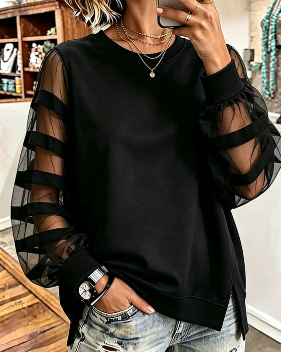 Sweatshirt Col Rond Fente Couleur Unie Tulle