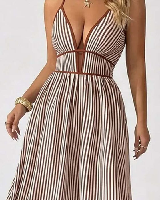 Robes Profond Col V Bretelle Spaghetti Rayure Longue