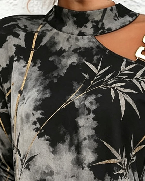 Robe Une-Épaule Encre Bambou Feuille Imprimé
