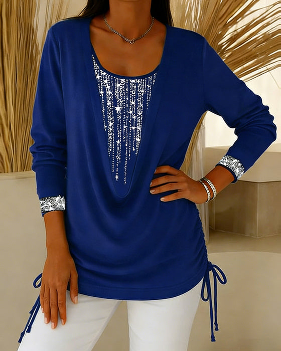 Haut Col Cassé Paillettes Fines Faux Deux-Pièces