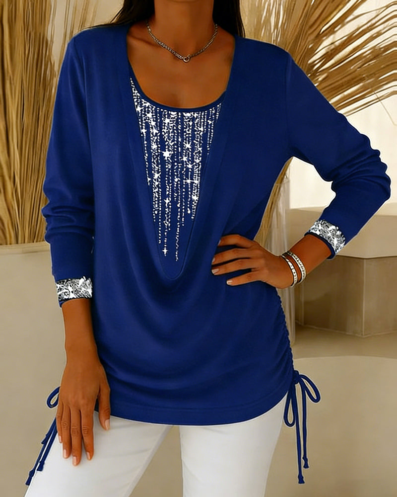 Haut Col Cassé Paillettes Fines Faux Deux-Pièces