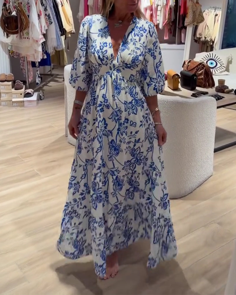 Robe Décolleté Profond En V Élégant Floral Longue