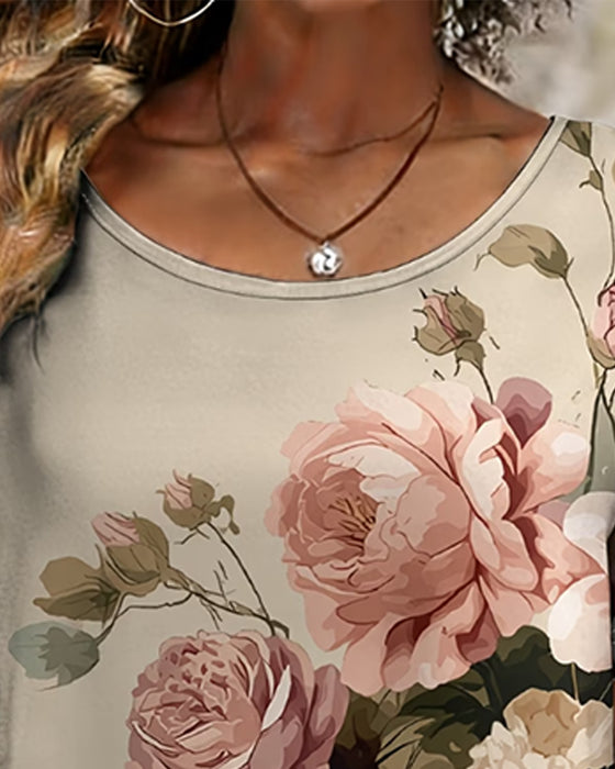 T-Shirt Vintage Grand Florale Ourlet Asymétrique Manche Courte