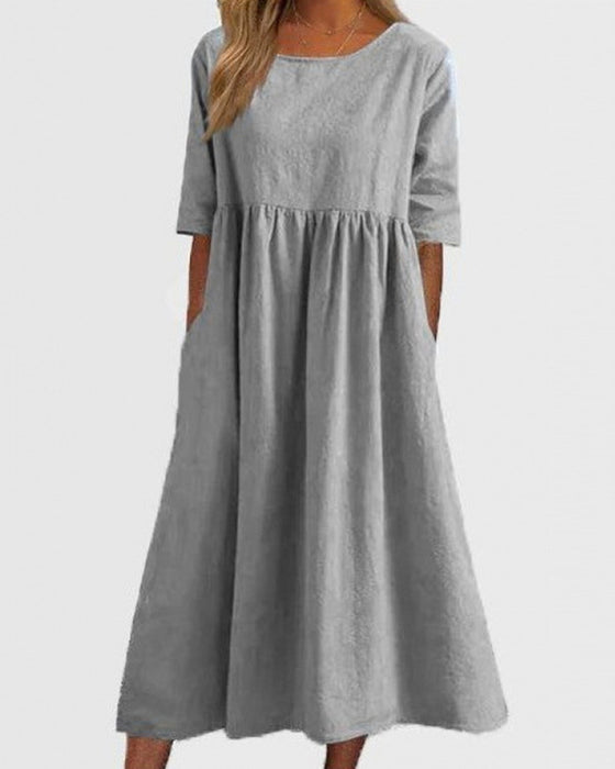 Robe Manches Courtes Poche Froncée