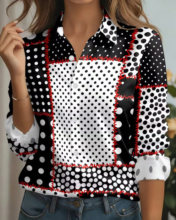 Chemise Polka Dot Manche Longue Bloc De Couleur