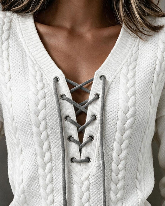 Blouse Col En V Lacet Torsadé Manches Longues