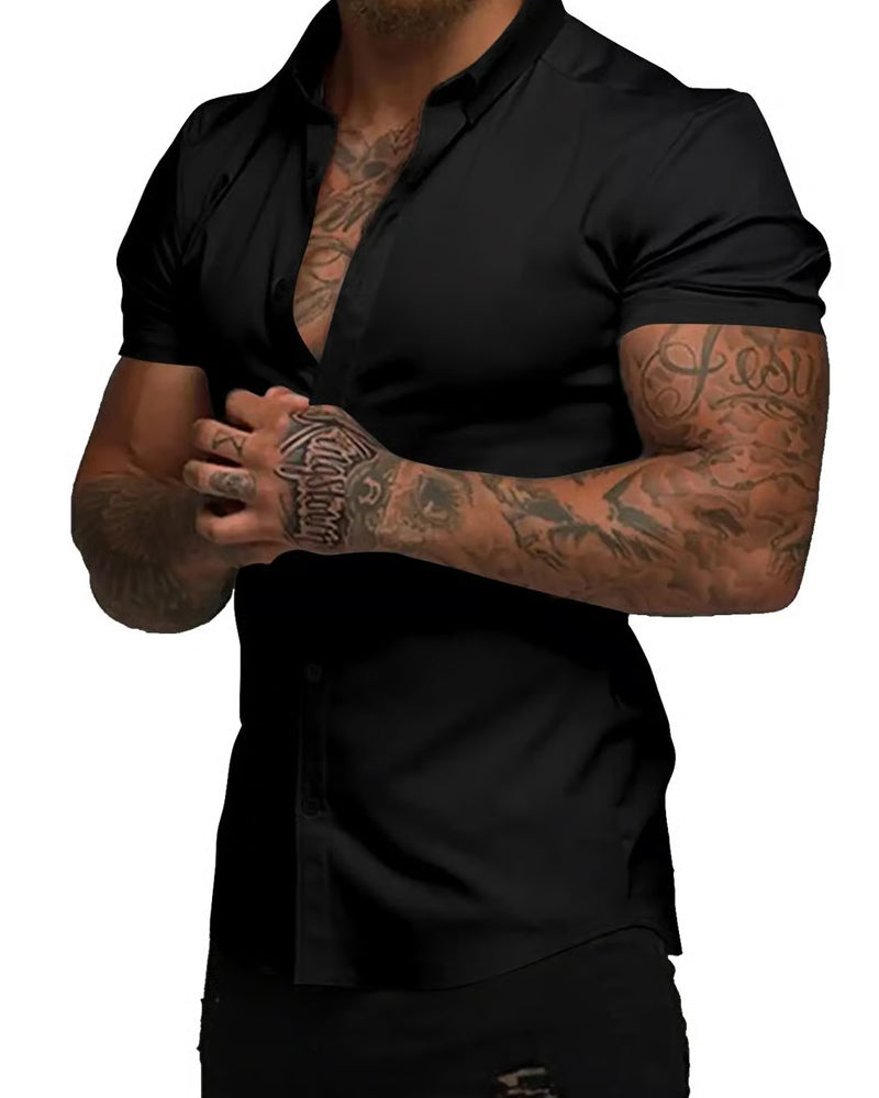Chemise Haute Élasticité Revers Manches Courtes Homme
