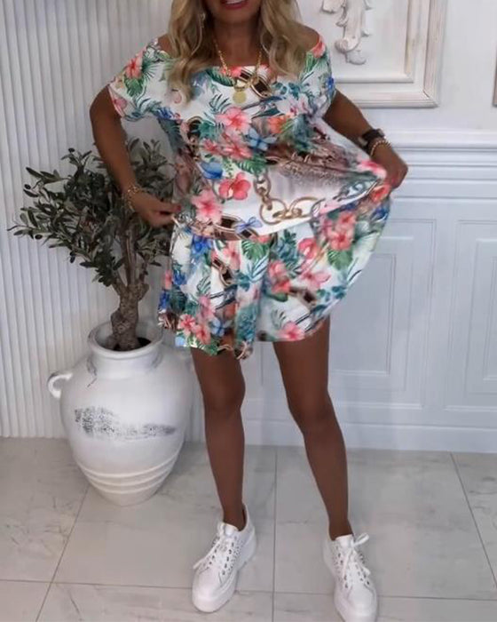 Jumpsuit avec Motifs de Plantes et de Fleurs, Style Épaules Nues