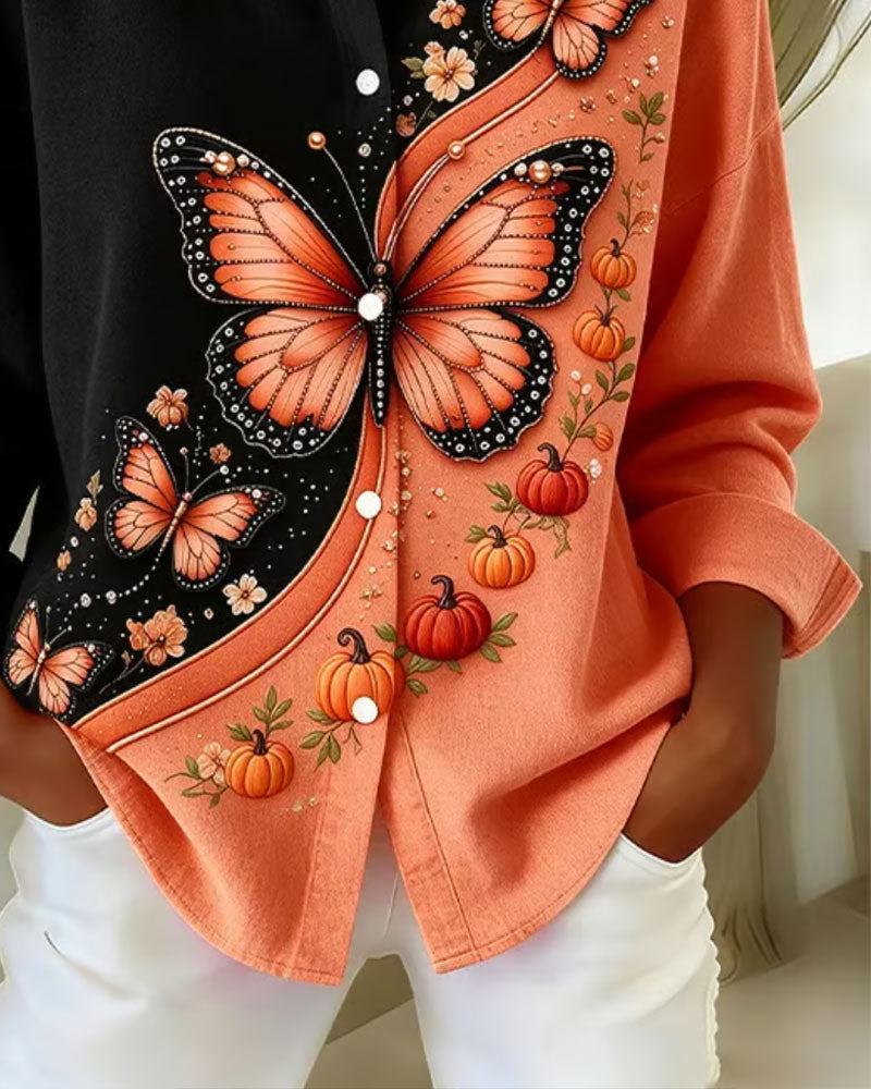 Chemise Bloc De Couleur Papillon Imprimé Revers