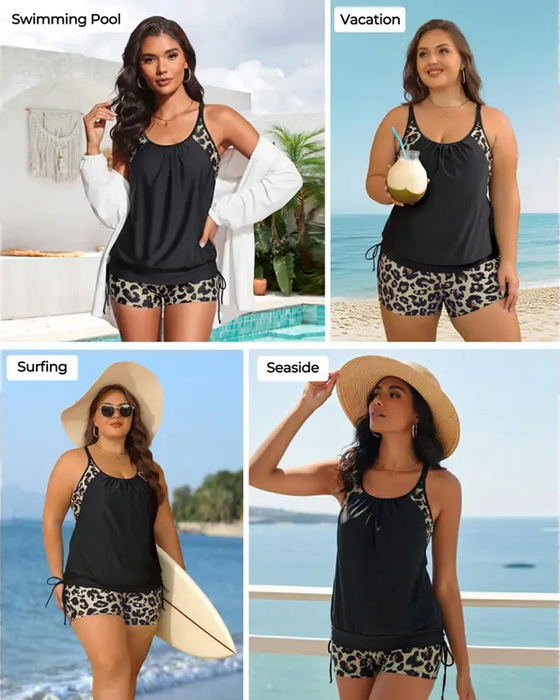Tankini Sans Manches Léopard Patchwork Cordon De Serrage