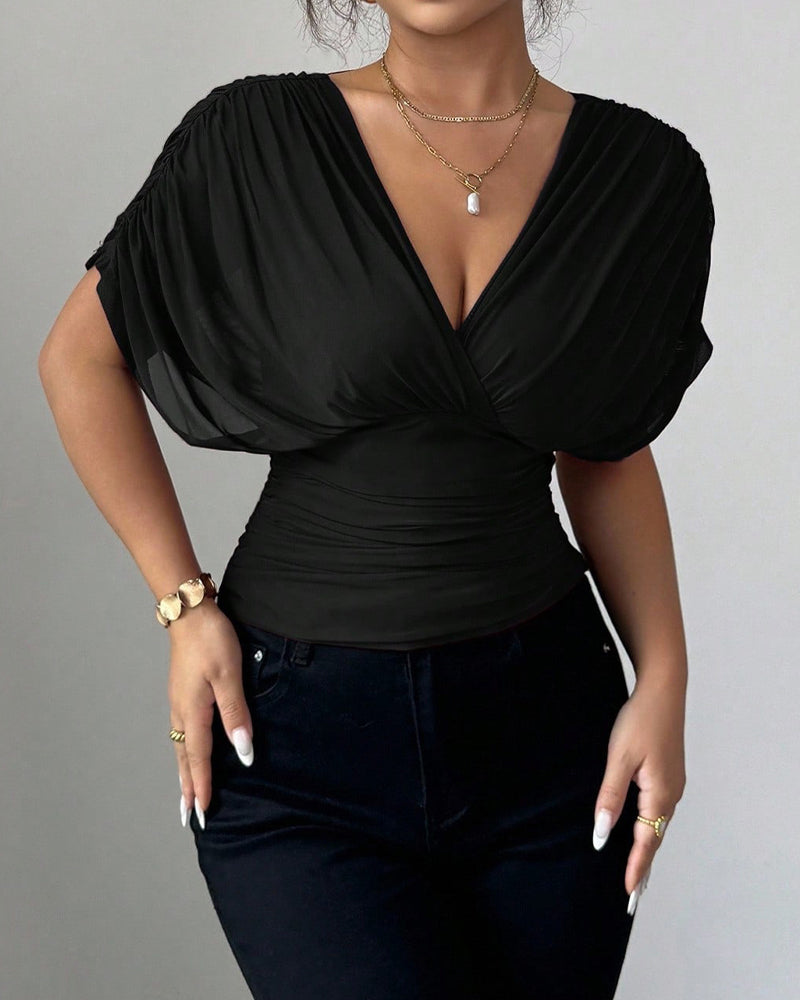 Blouse Unie Profond Col En V Taille Manches Courtes