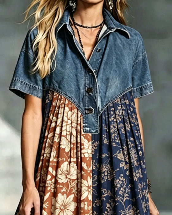 Robe Col Chemise Floral Contraste Denim Patchwork