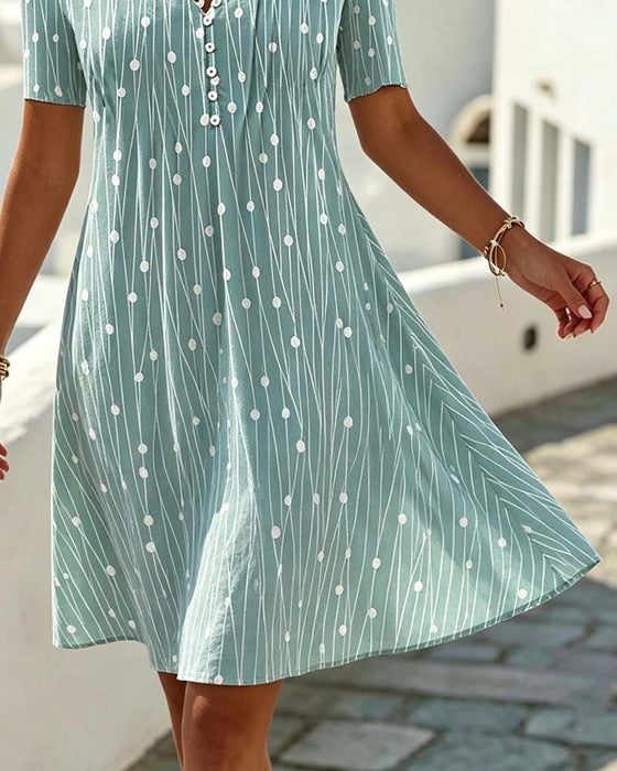 Robe Col V Bouton À Pois Rayé