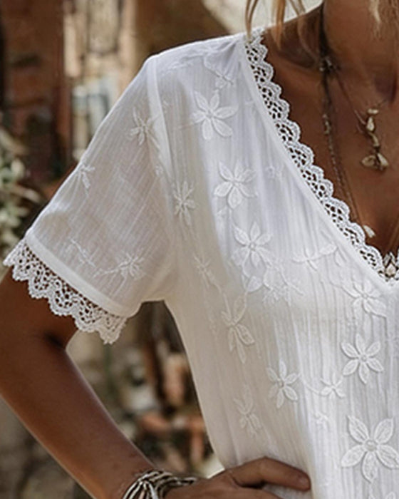 Robe Col V Dentelle Garniture Marguerite