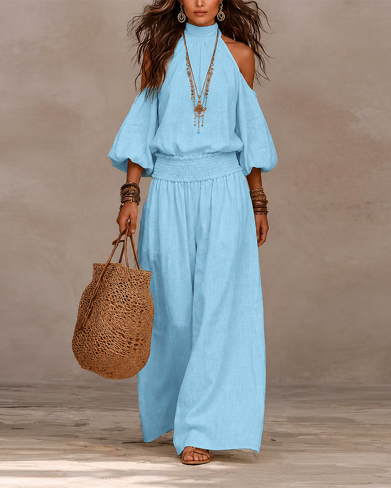 Ensemble Hors-Épaule Manches Longues Froncé Pantalon