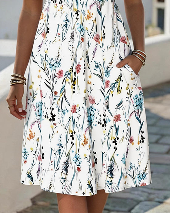 Robe V Encolure Blanc Fond Aquarelle Floral Print