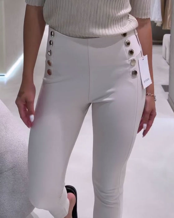 Pantalon Taille Haute Bouton Latéral Stretch