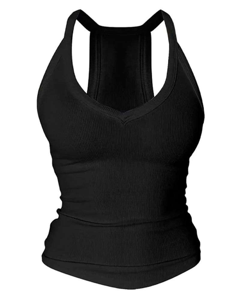Haut Cami Soutien-Gorge Intégré Col En V Côtes Bretelles Spaghetti