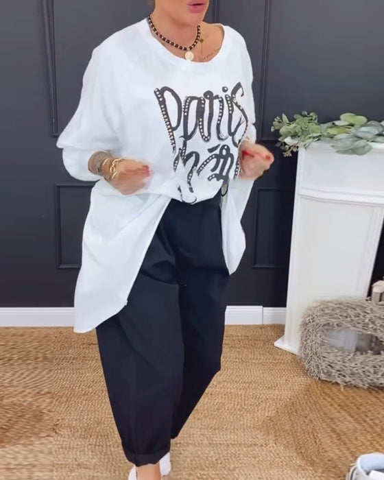 Haut Col Rond Imprimé Lettre Irrégulier