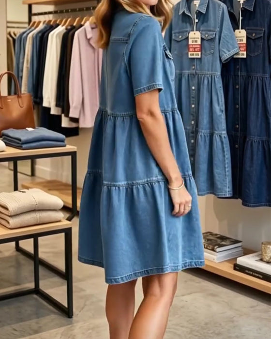 Robe Denim Volant Superposé Manches Courtes