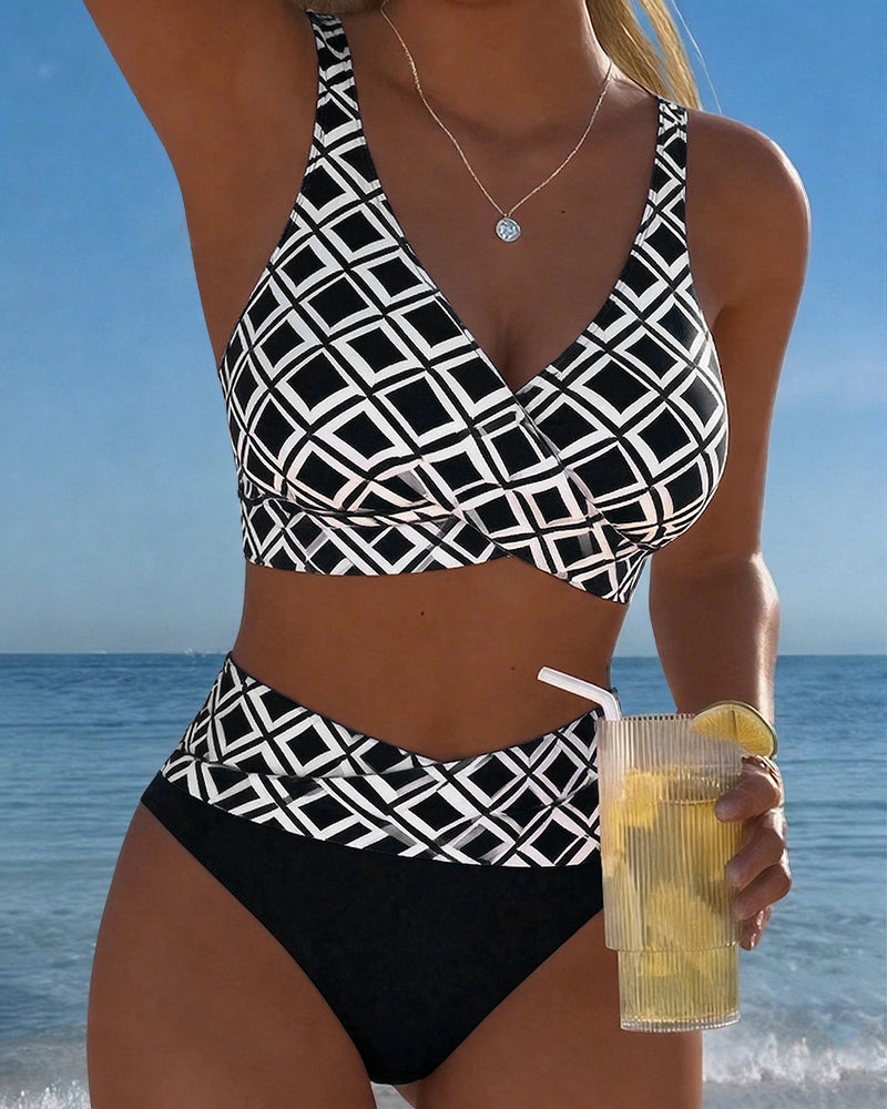 Maillot De Bain Deux Pièces Style Soutien-Gorge À Motif Diamant