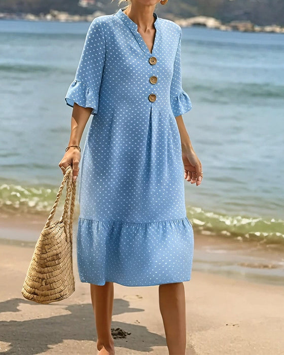 Robe Polka Dot Col V Volanté Manche