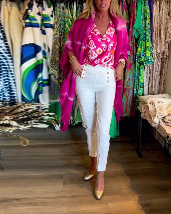 Haut imprimé à col V et manches courtes