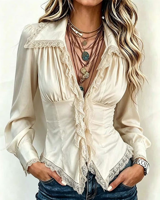 Blouse Col Dentelle Épissé Manches Longues