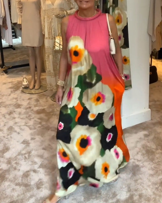 Robe longue décontractée sans manches à imprimé floral