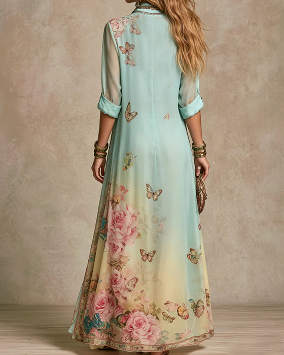 Robe Revers Papillon Rose Imprimé