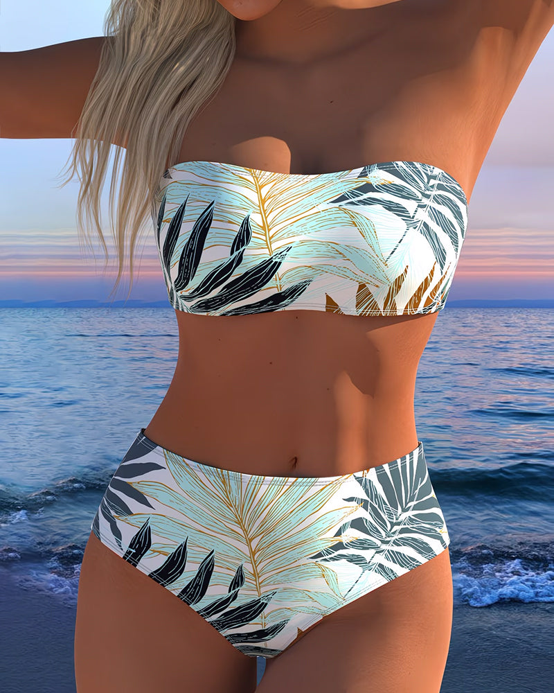 Bikini imprimé végétal tropical sans bretelles